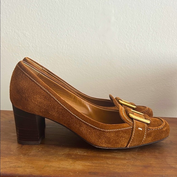 Salvatore Ferragamo Shoes - Ferragamo Tan Suede Chunky Work Heels in original box